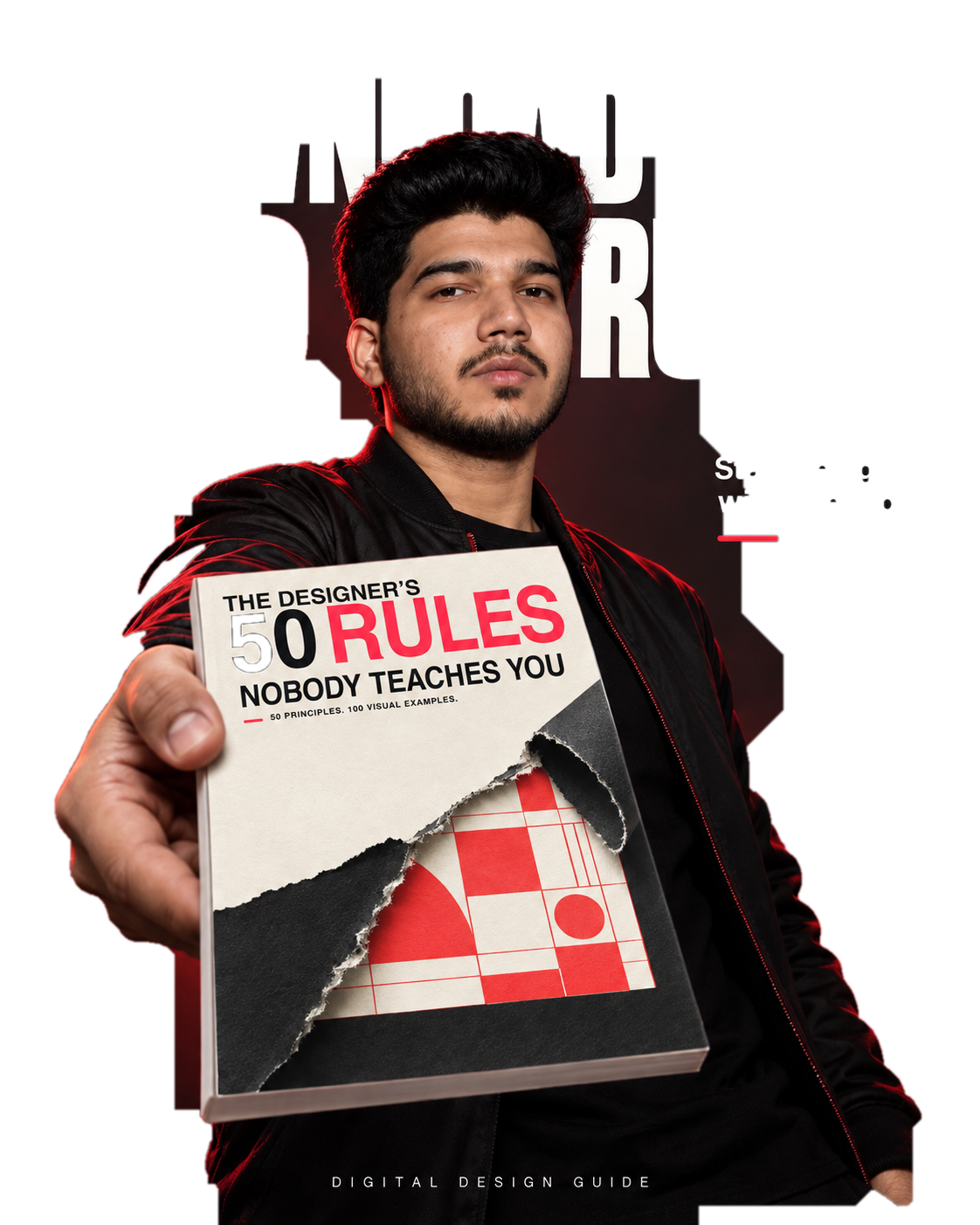 Creator holding The Designer’s 50 Rules Nobody Teaches You on a transparent background