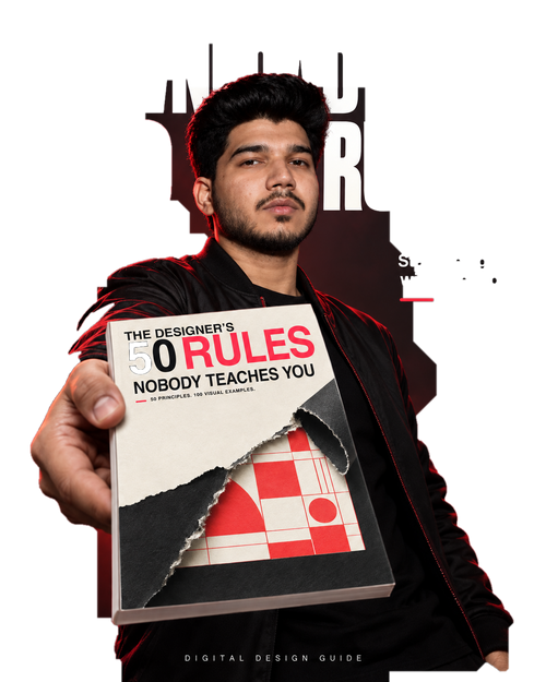 Creator holding The Designer’s 50 Rules Nobody Teaches You on a transparent background